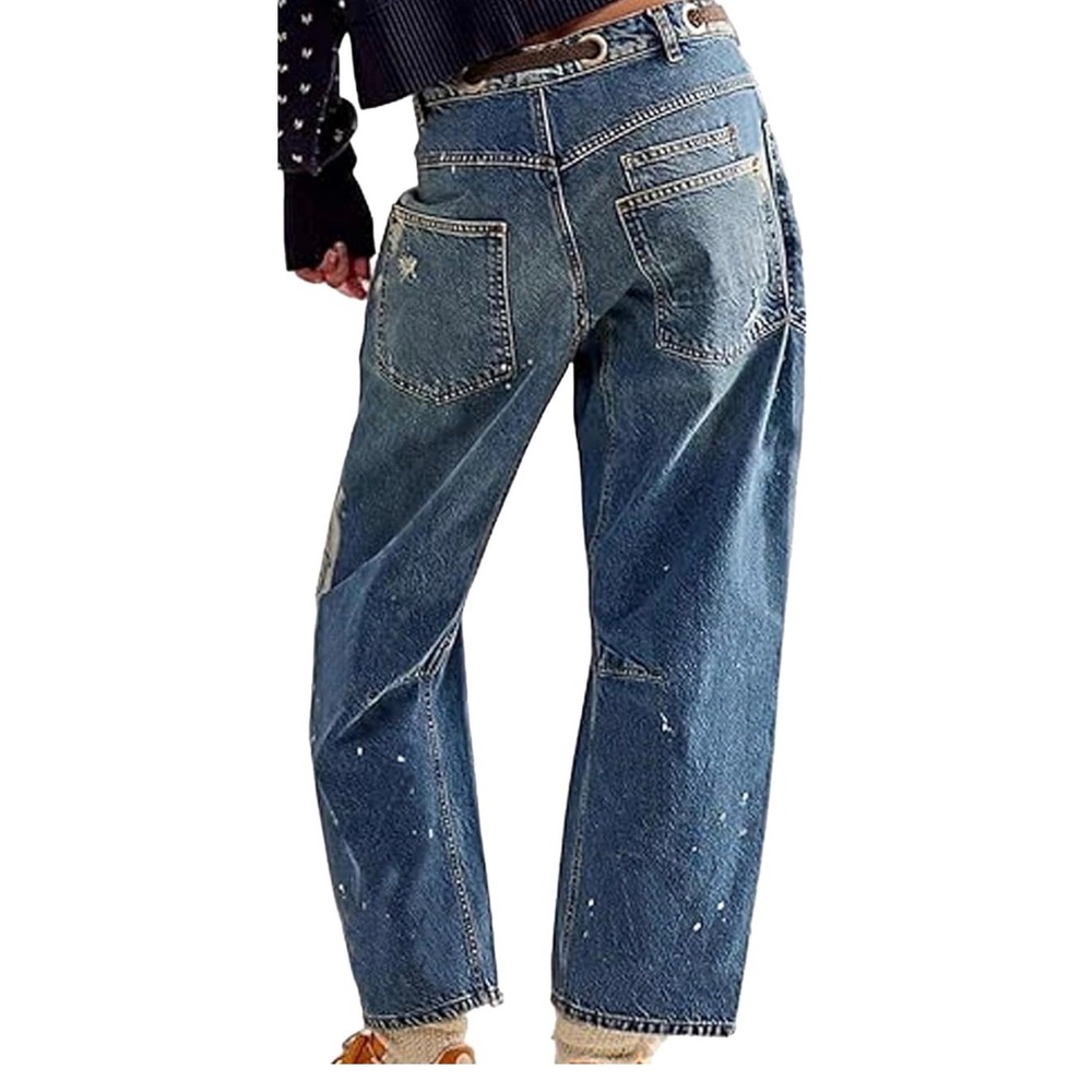 We The Free Free People Old West Slouchy Jeans 31 Paint Splatter Drawstring Blue - Picture 3 of 9